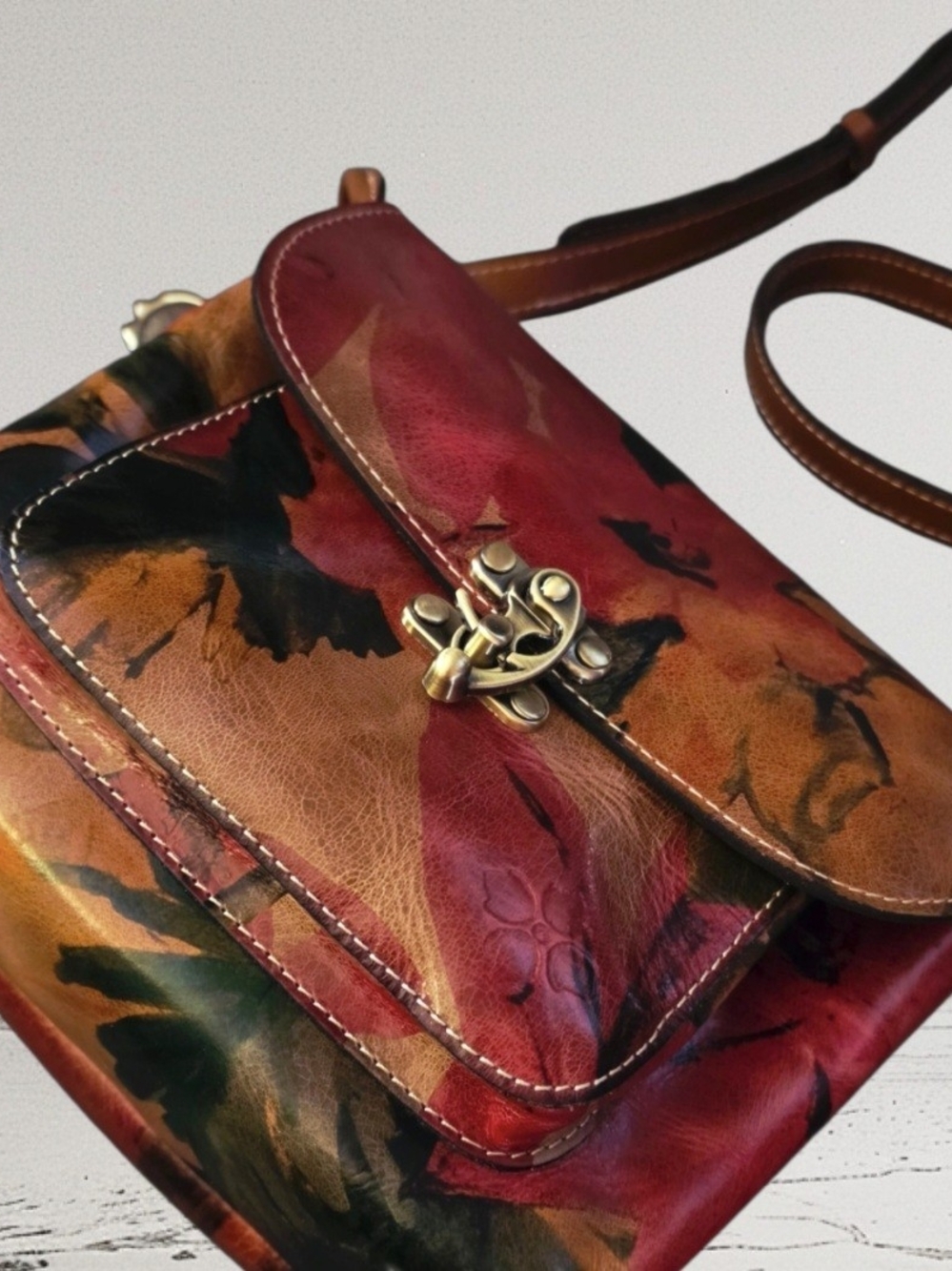 Patricia Nash Hand-Painted Floral Leather Crossbody in Red, Brown and Black
